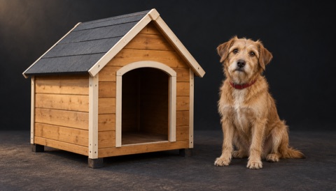 Illustration of a dog beside a completed wooden doghouse.