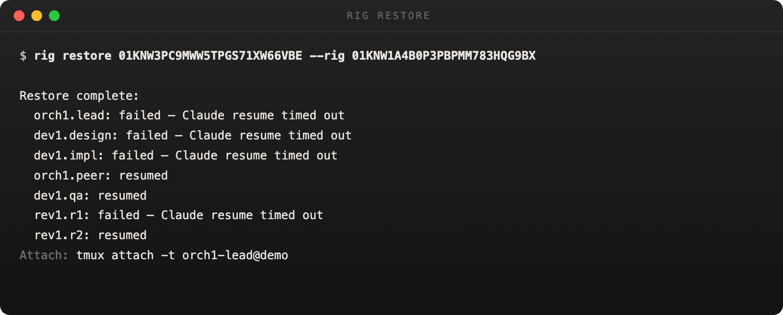rig up restore-by-name output showing mixed per-node restore results