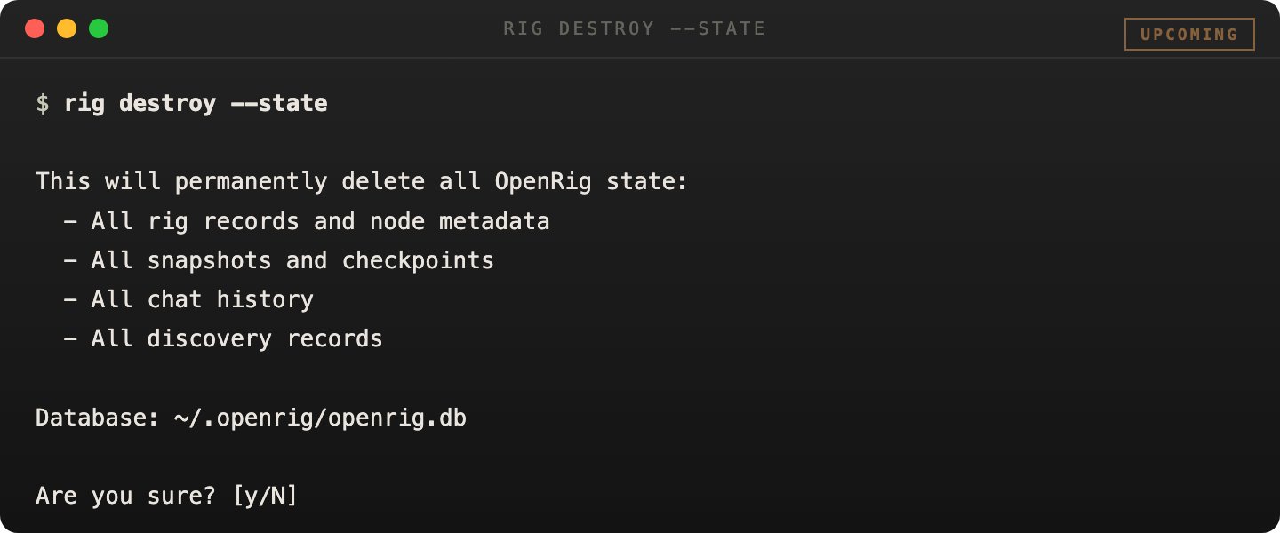 rig destroy state output showing a destructive local state reset plan and result