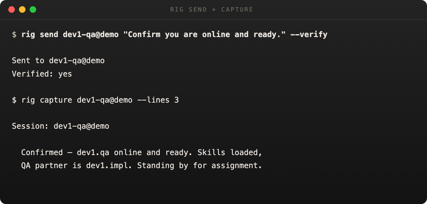 workflow pair showing rig send followed by rig capture to inspect an agent response